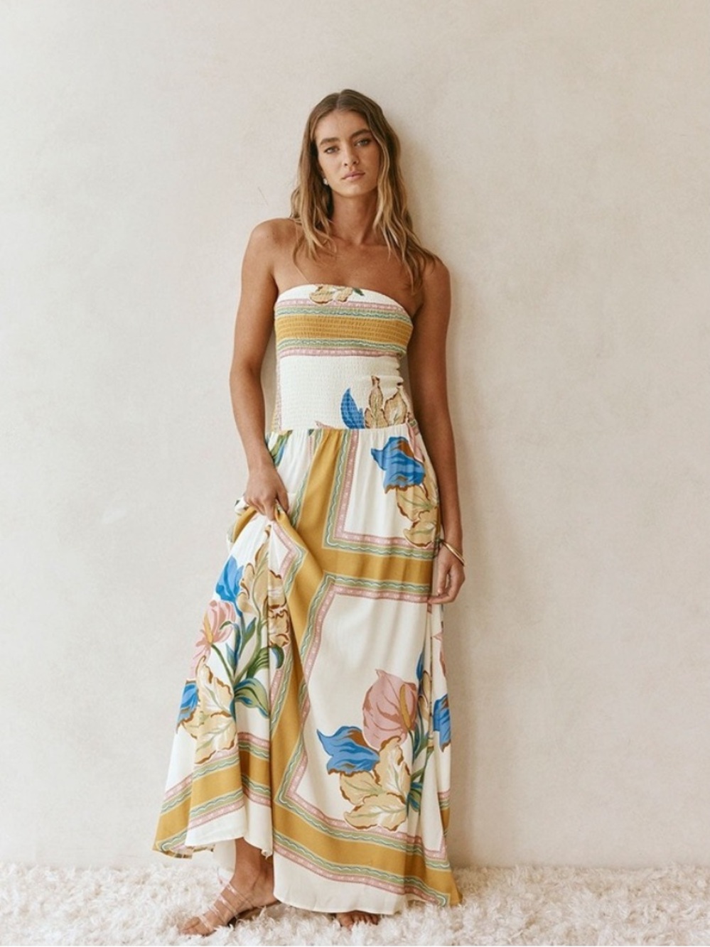 Sabo Skirt Strapless Floral Maxi Dress in Cream, Mustard & Blue